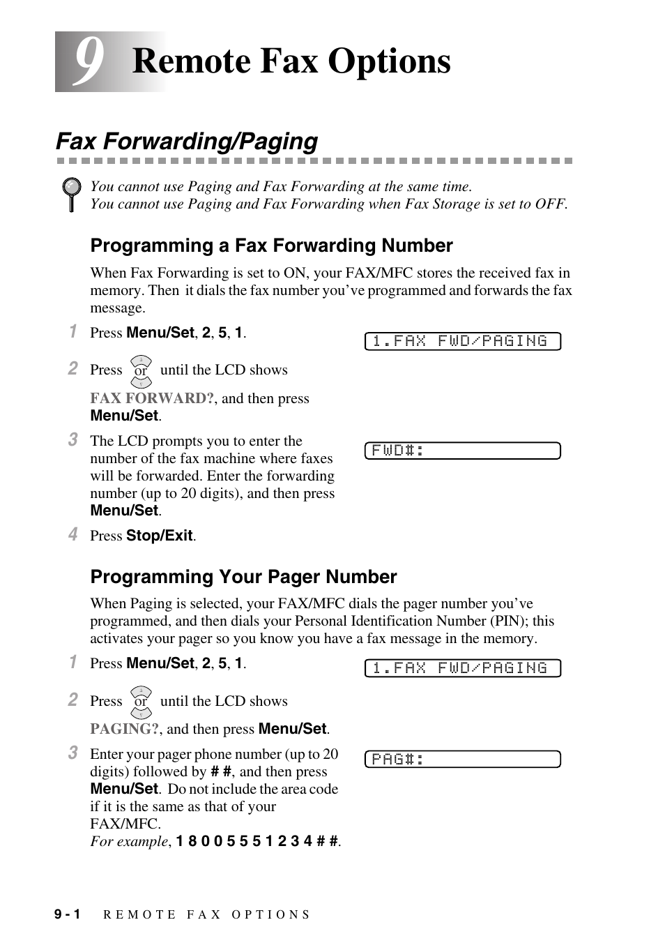 Remote fax options, Fax forwarding/paging, Programming a fax forwarding number | Remote fax options -1, Fax forwarding/paging -1 | Brother fax2800 User Manual | Page 88 / 148