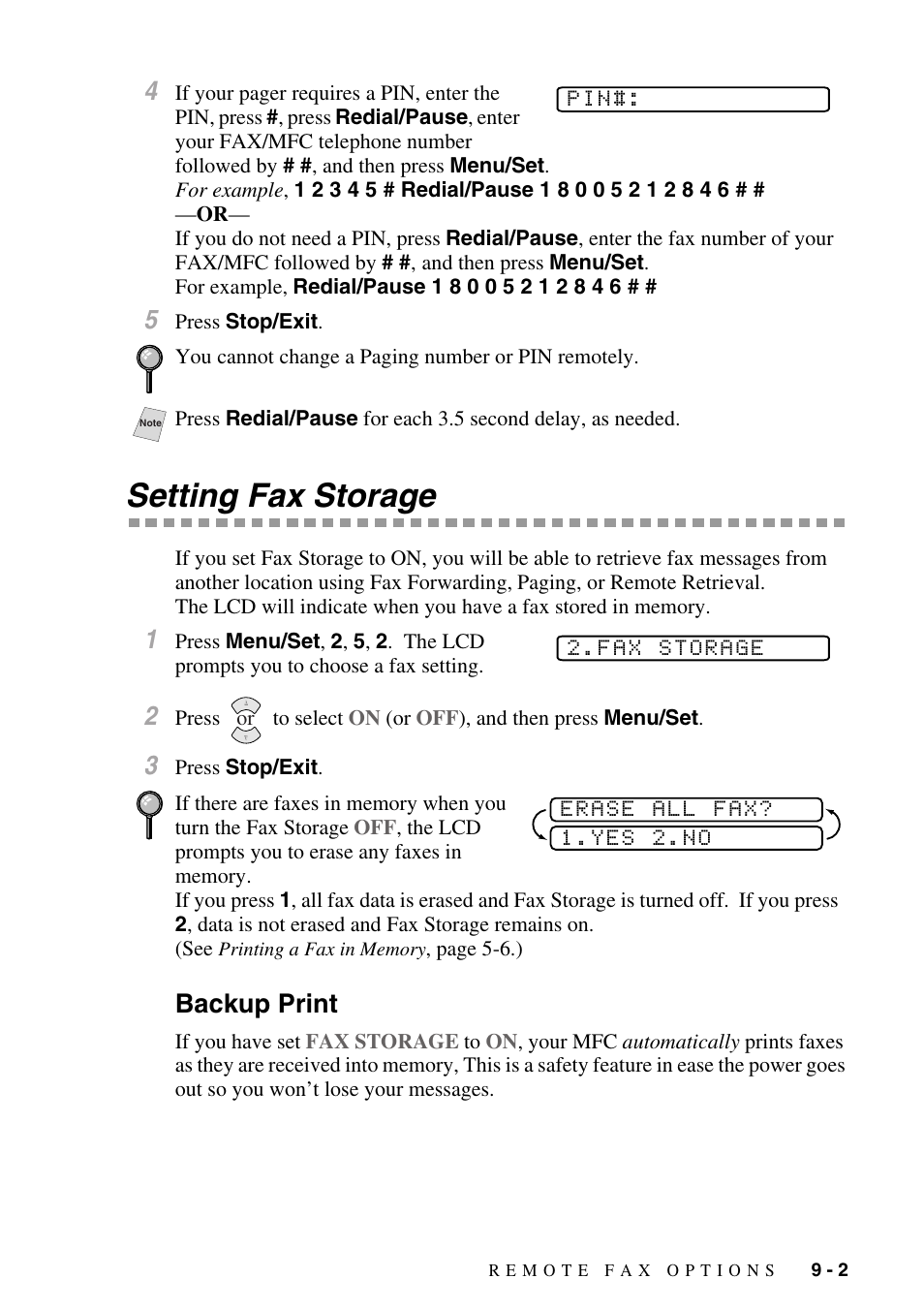 Setting fax storage, Backup print, Setting fax storage -2 | Backup print -2 | Brother fax2800 User Manual | Page 89 / 148