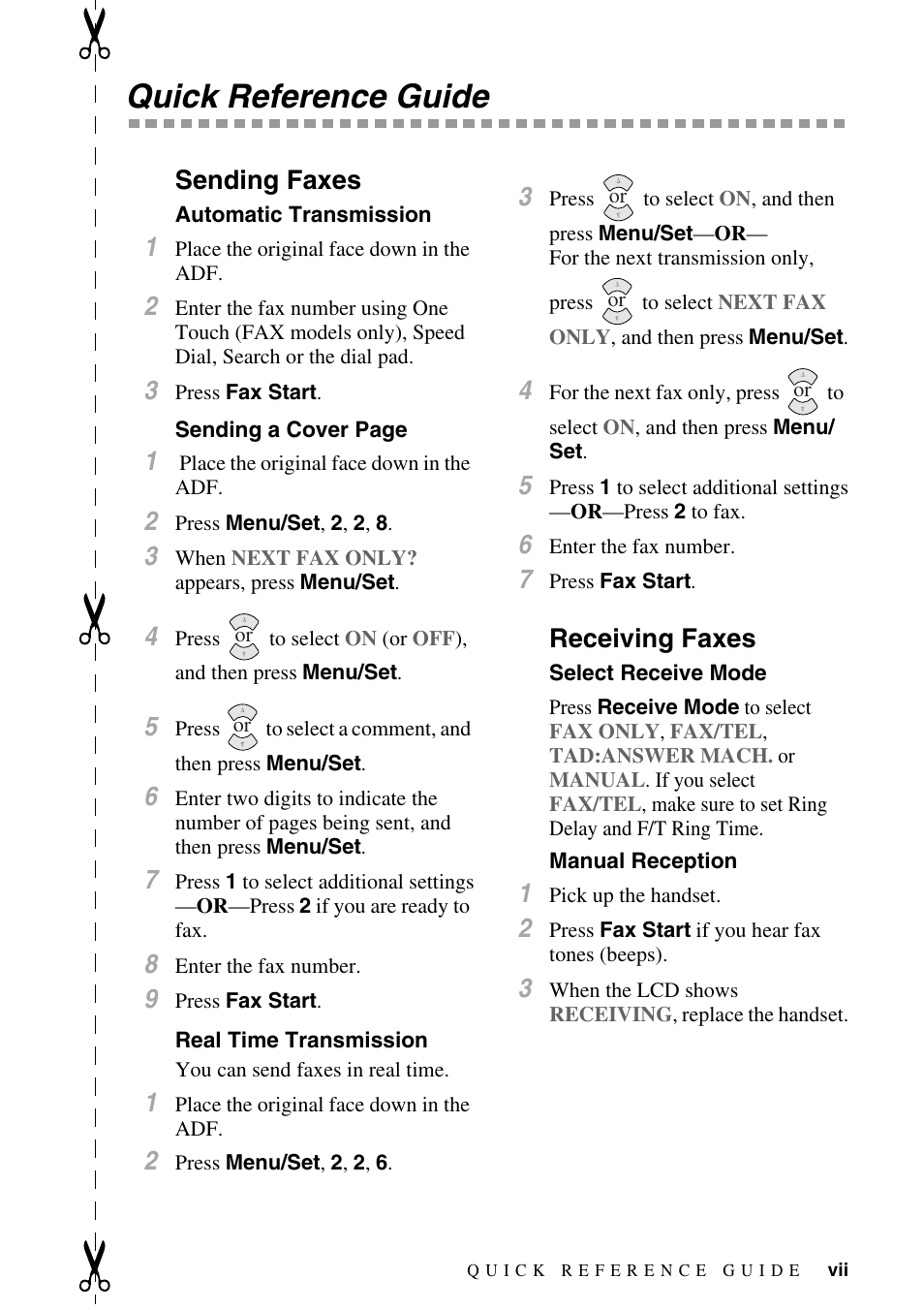 Quick reference guide, Sending faxes, Automatic transmission | Real time transmission, Receiving faxes, Select receive mode, Manual reception | Brother fax2800 User Manual | Page 9 / 148