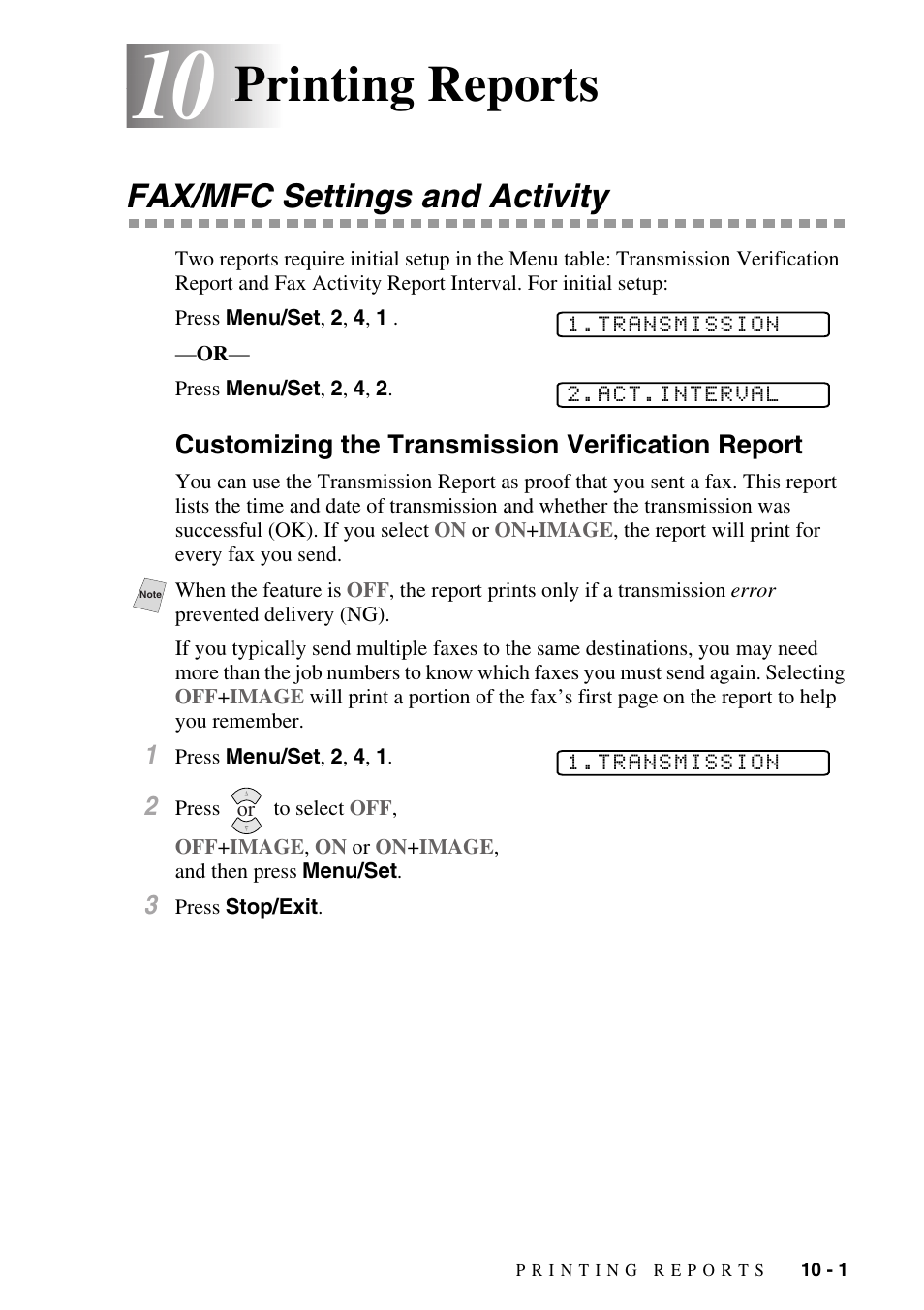 Printing reports, Fax/mfc settings and activity, Customizing the transmission verification report | Printing reports -1, Fax/mfc settings and activity -1 | Brother fax2800 User Manual | Page 93 / 148