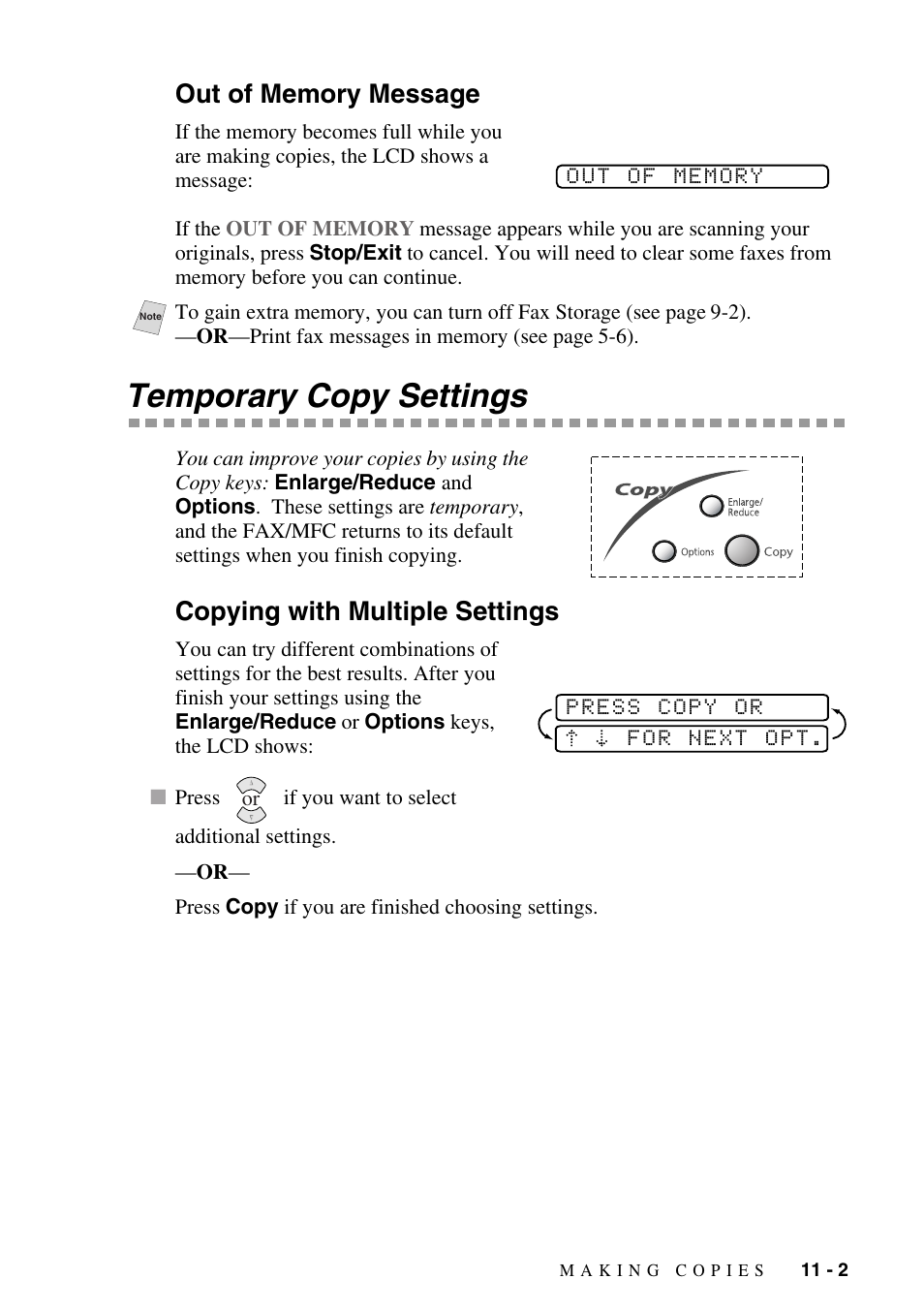 Out of memory message, Temporary copy settings, Copying with multiple settings | Out of memory message -2, Temporary copy settings -2, Copying with multiple settings -2 | Brother fax2800 User Manual | Page 97 / 148