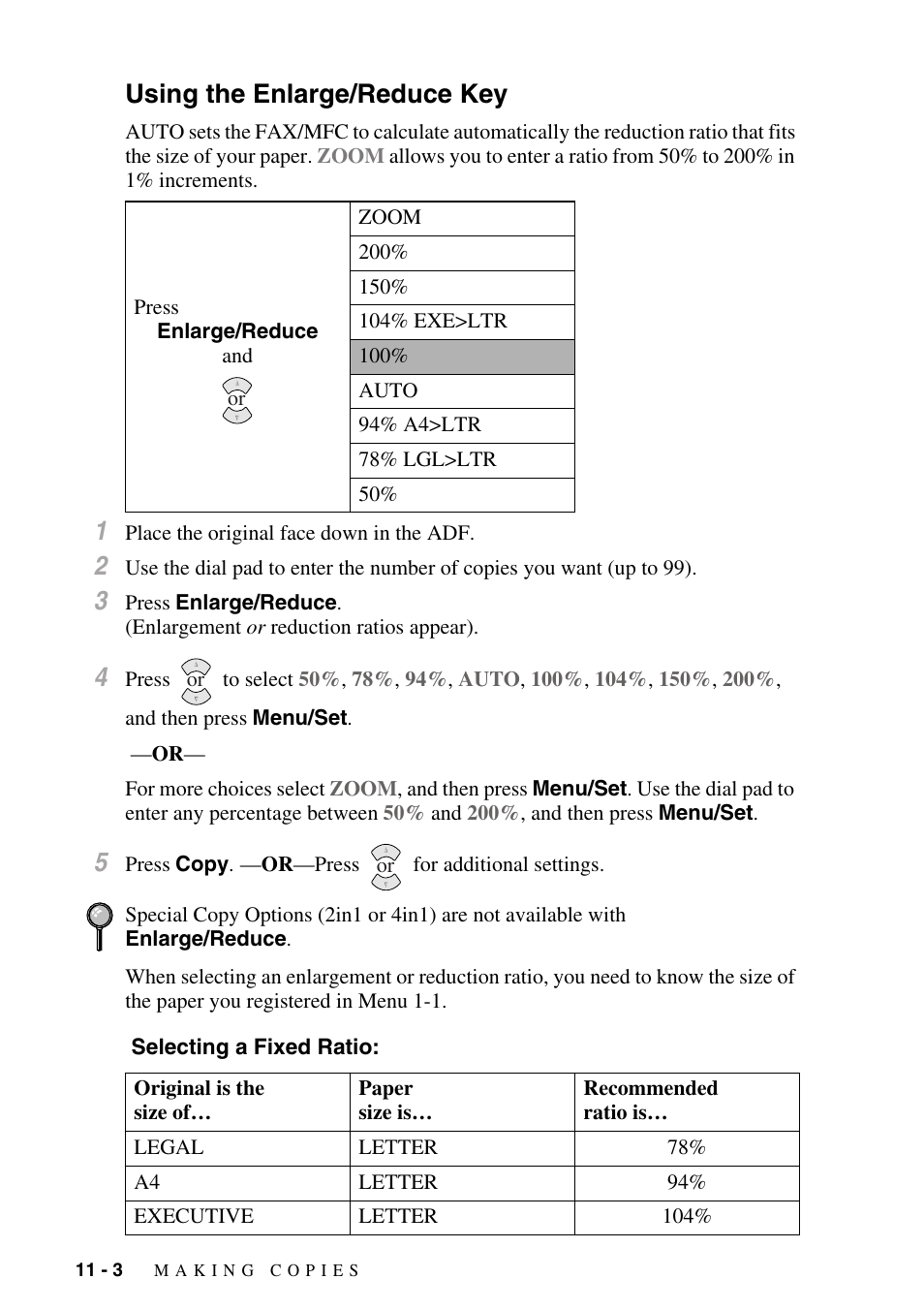 Using the enlarge/reduce key, Using the enlarge/reduce key -3 | Brother fax2800 User Manual | Page 98 / 148