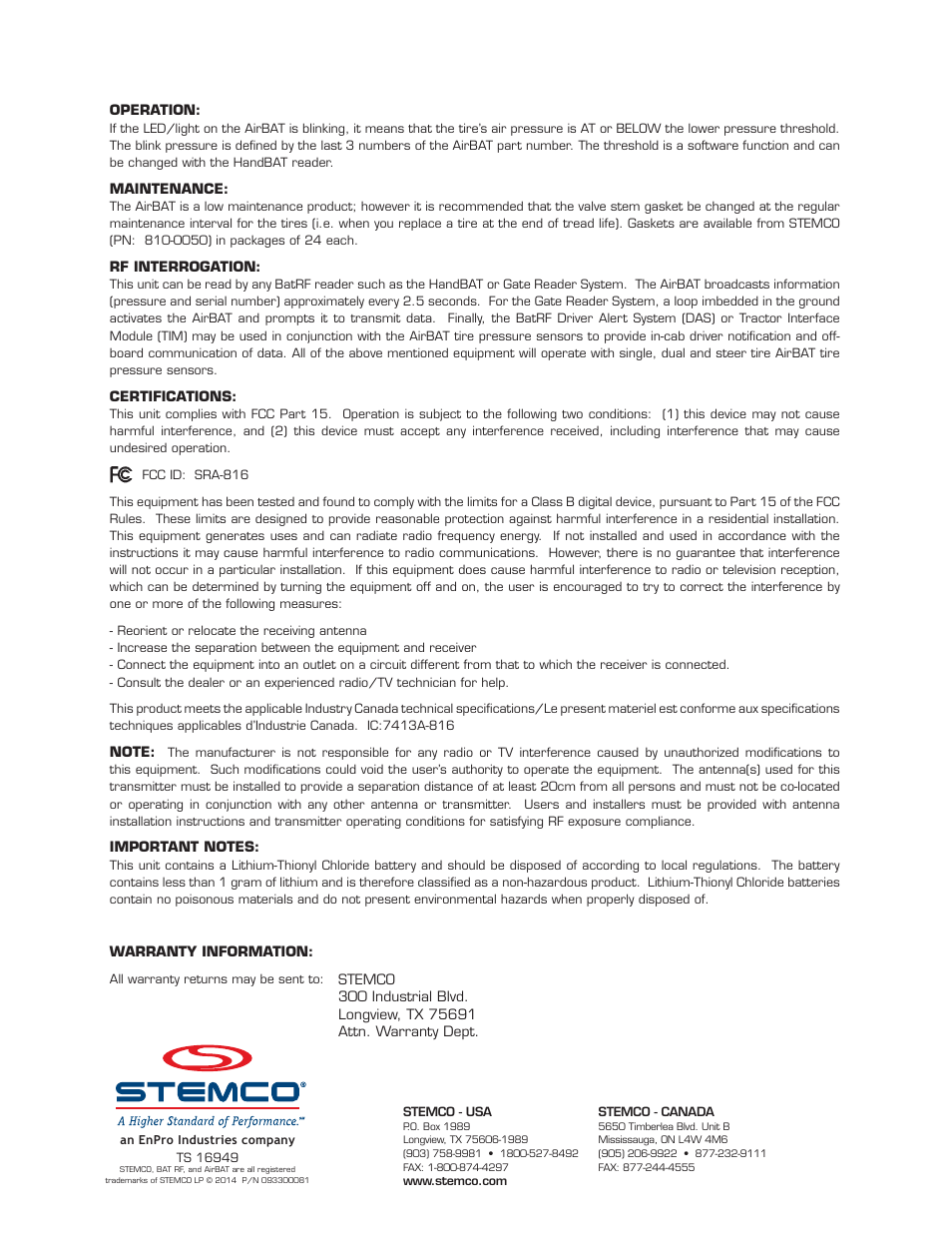 STEMCO Single Tire AirBat RF User Manual | Page 2 / 2