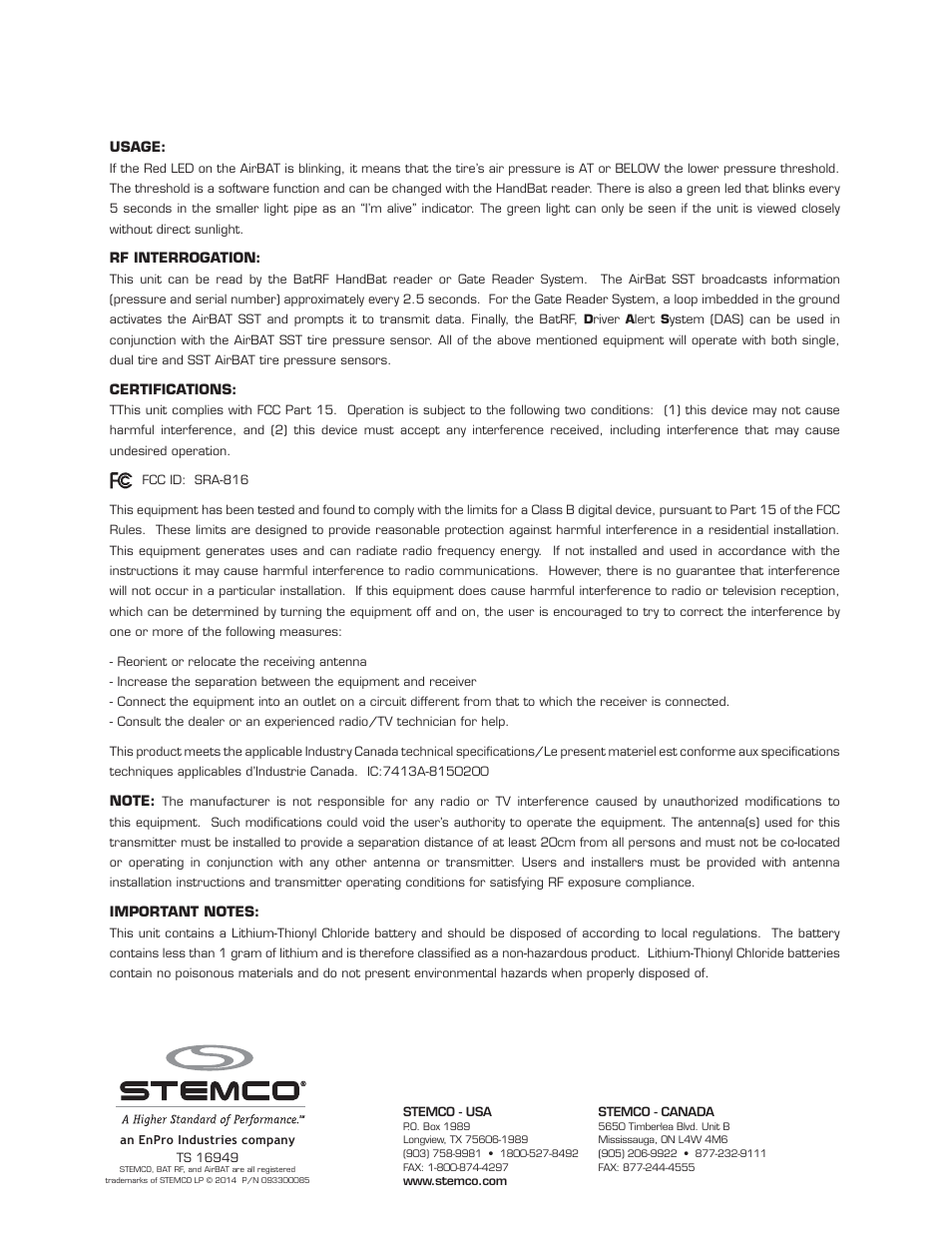 STEMCO AirBAT SST RF User Manual | Page 2 / 2