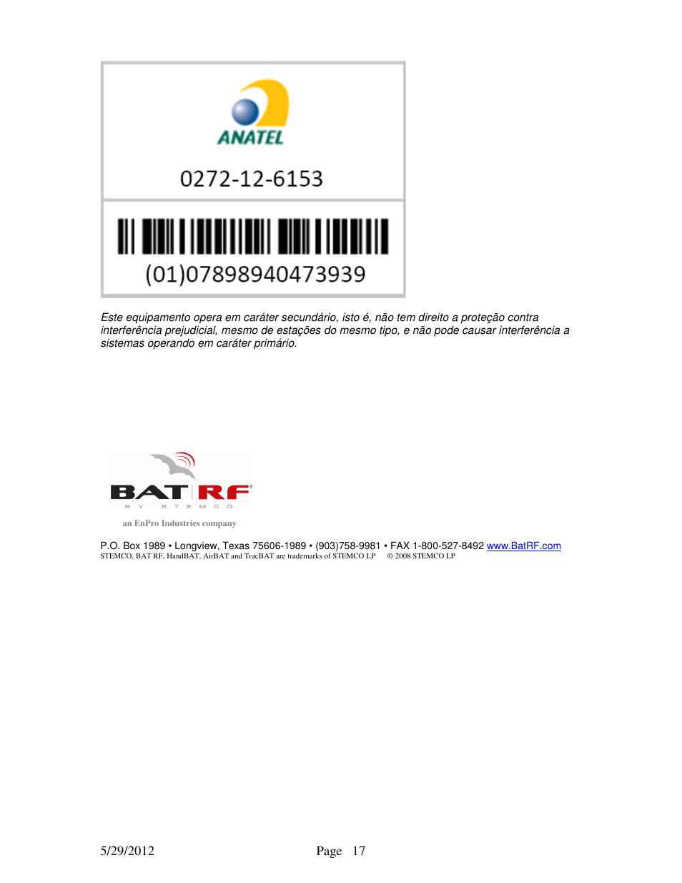 STEMCO HandBAT RF User Manual | Page 17 / 17