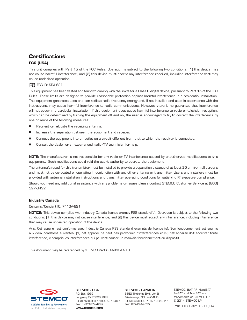 Certifications | STEMCO 821-7001 BatRF Tractor Interface Module User Manual | Page 9 / 9