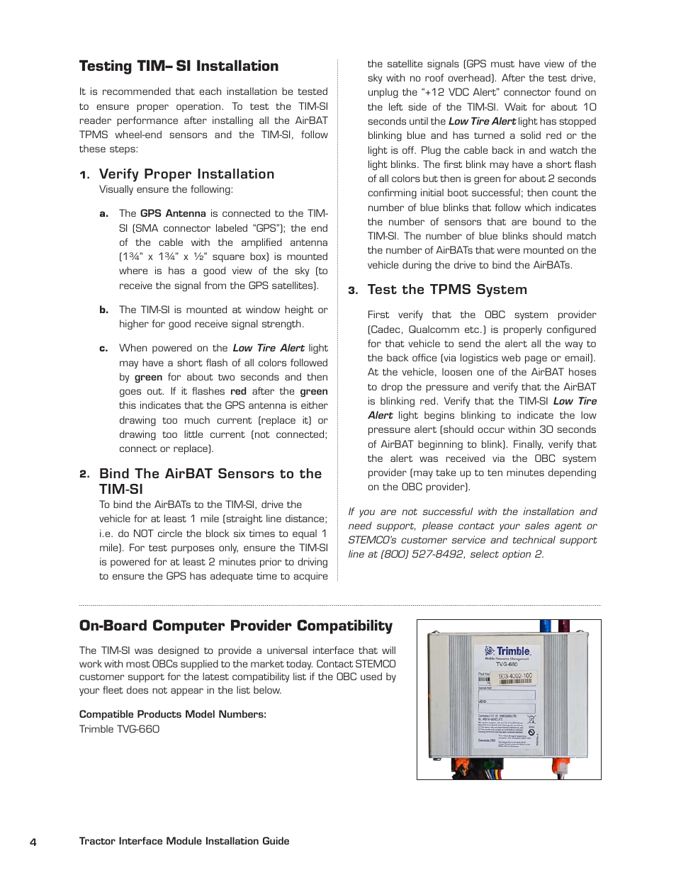 Testing tim– si installation, On-board computer provider compatibility | STEMCO 821-7002 BatRF Tractor Interface Module - Switch Input (TIM-SI) User Manual | Page 6 / 7
