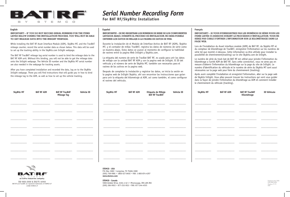 STEMCO Serial Number Recording Form For BatRF/SkyBitz User Manual | 1 page