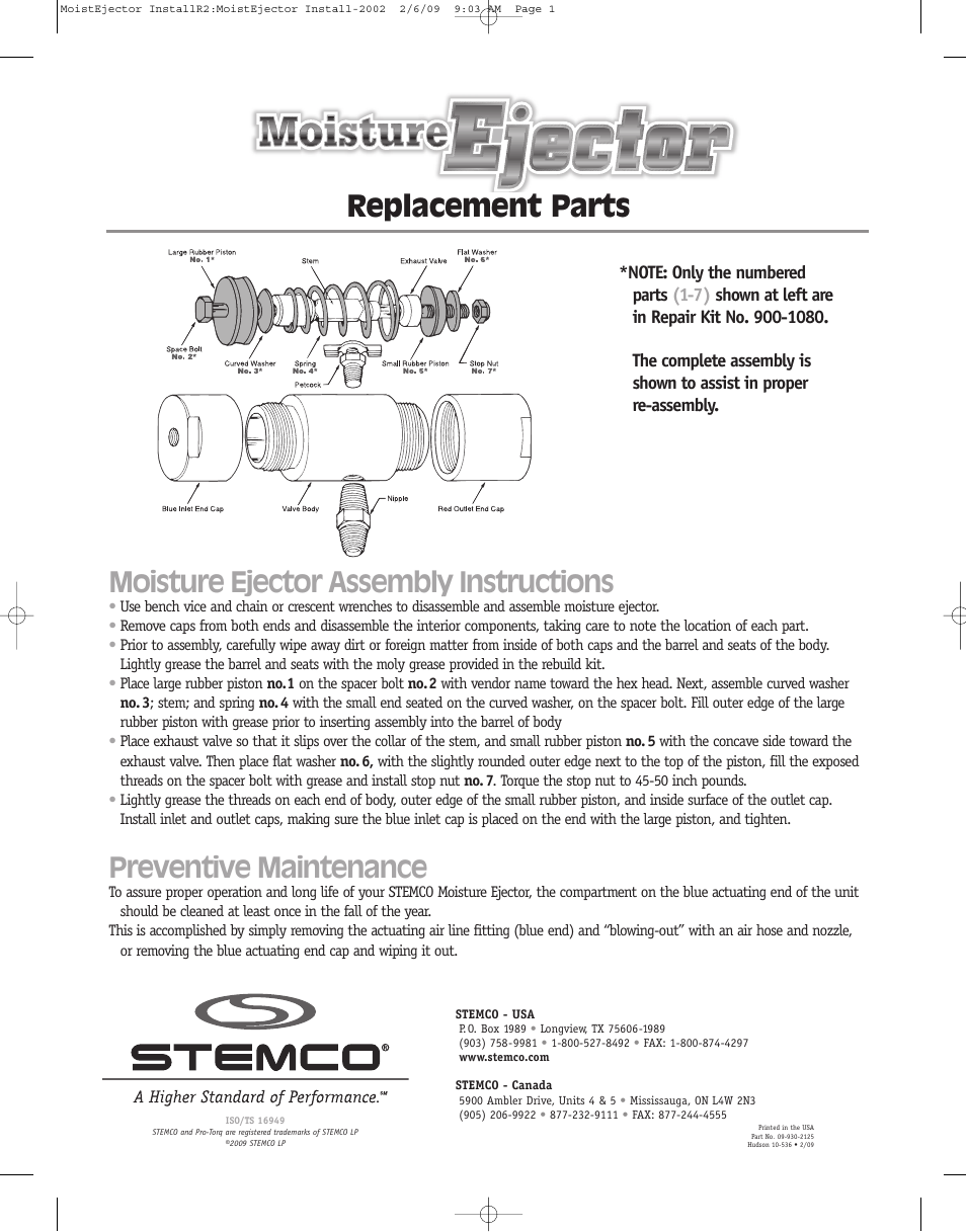 STEMCO Moisture Ejector User Manual | 1 page