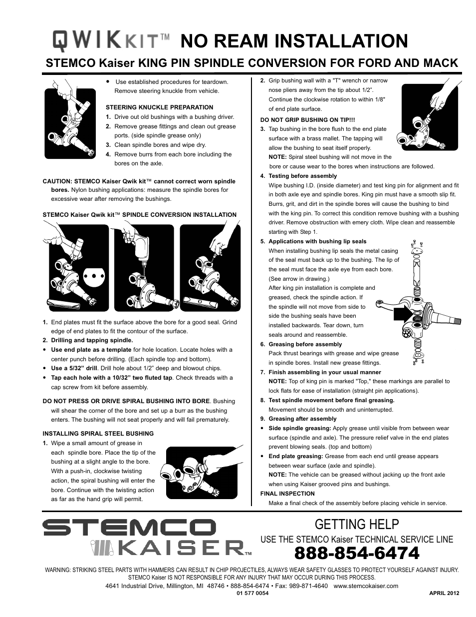 STEMCO Qwik Kit King Pin Spindle Conversion Ford and Mack User Manual | 1 page