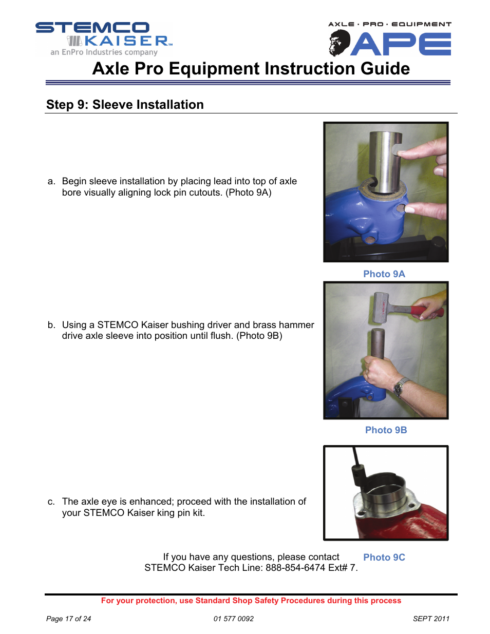Axle pro equipment instruction guide, Step 9: sleeve installation | STEMCO Axle Pro User Manual | Page 17 / 24