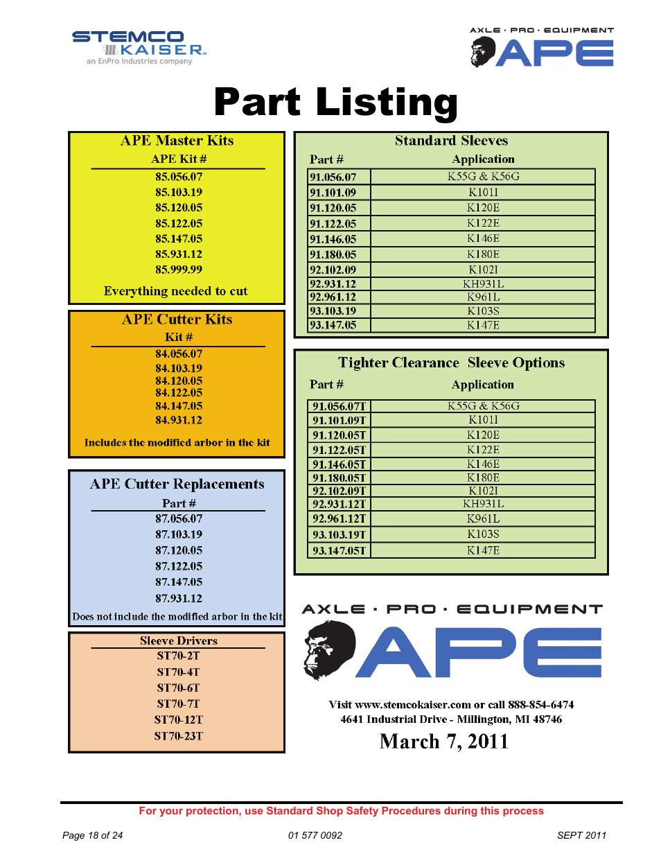 Part listing | STEMCO Axle Pro User Manual | Page 18 / 24