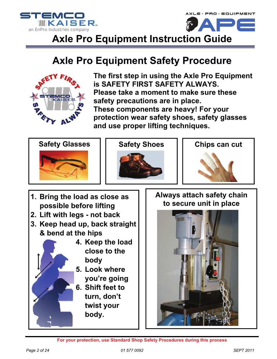 Axle pro equipment instruction guide, Axle pro equipment safety procedure | STEMCO Axle Pro User Manual | Page 2 / 24