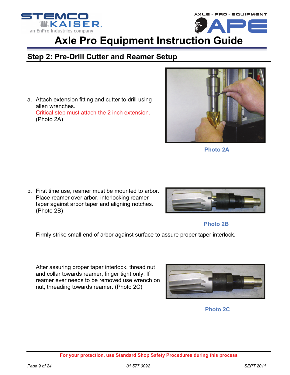 Axle pro equipment instruction guide, Step 2: pre-drill cutter and reamer setup | STEMCO Axle Pro User Manual | Page 9 / 24