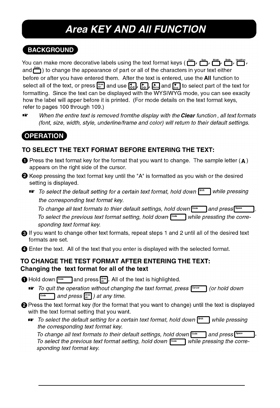 Area key and all function | Brother P-touch 550 User Manual | Page 101 / 210