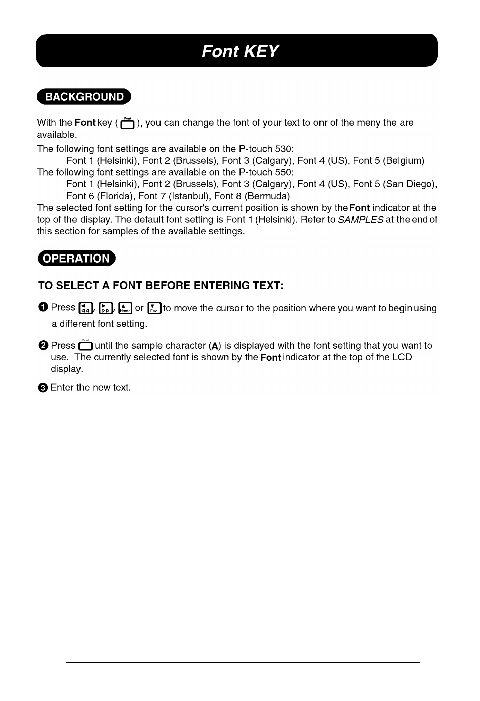 Font key | Brother P-touch 550 User Manual | Page 104 / 210