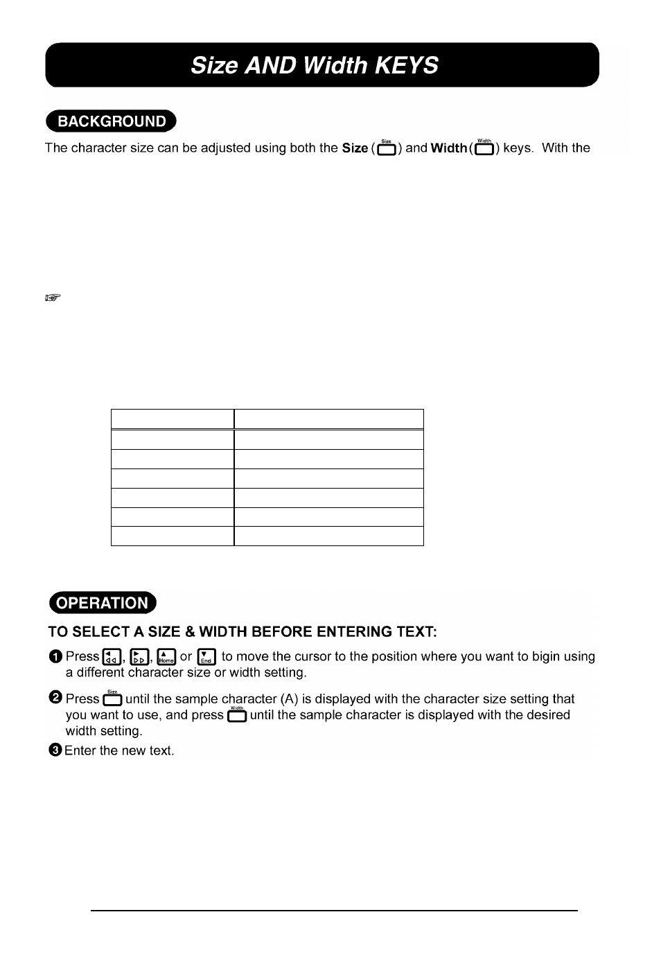 Size and width keys | Brother P-touch 550 User Manual | Page 106 / 210