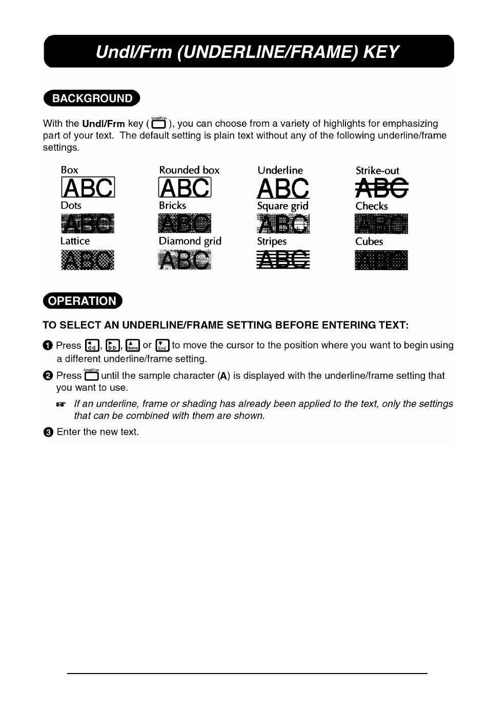 Underline/frame key, Undl/frm (underline/frame) key | Brother P-touch 550 User Manual | Page 111 / 210