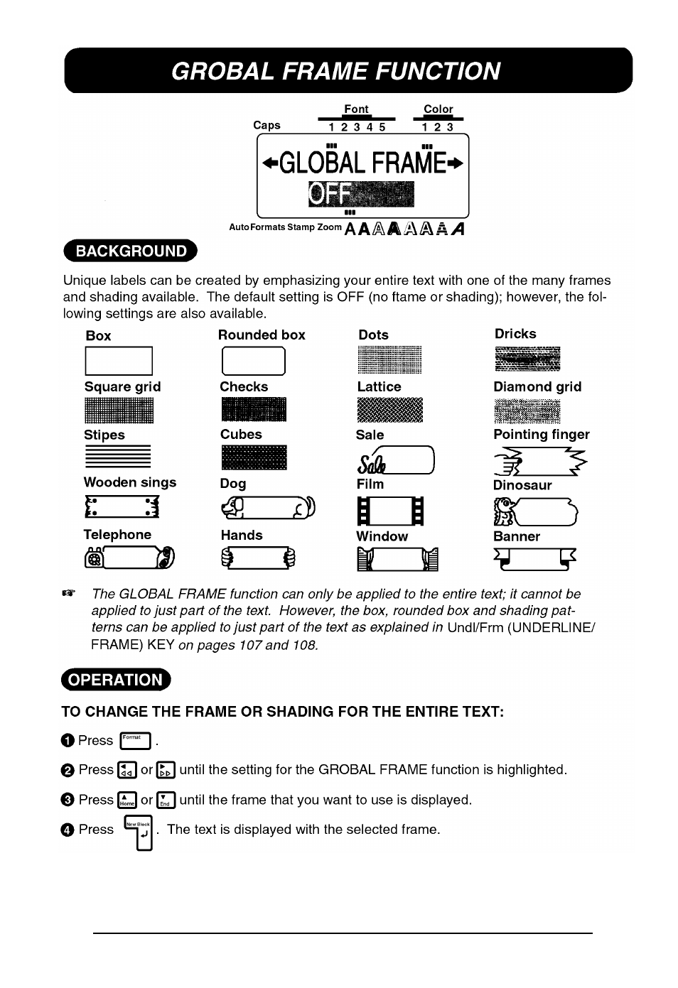 Grobal frame function, Global frame function | Brother P-touch 550 User Manual | Page 116 / 210