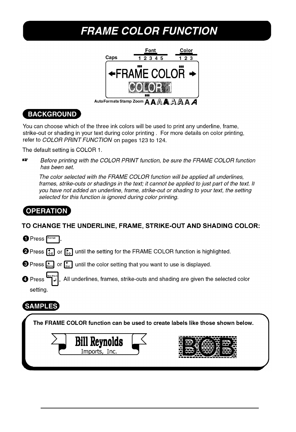 Frame color function | Brother P-touch 550 User Manual | Page 117 / 210