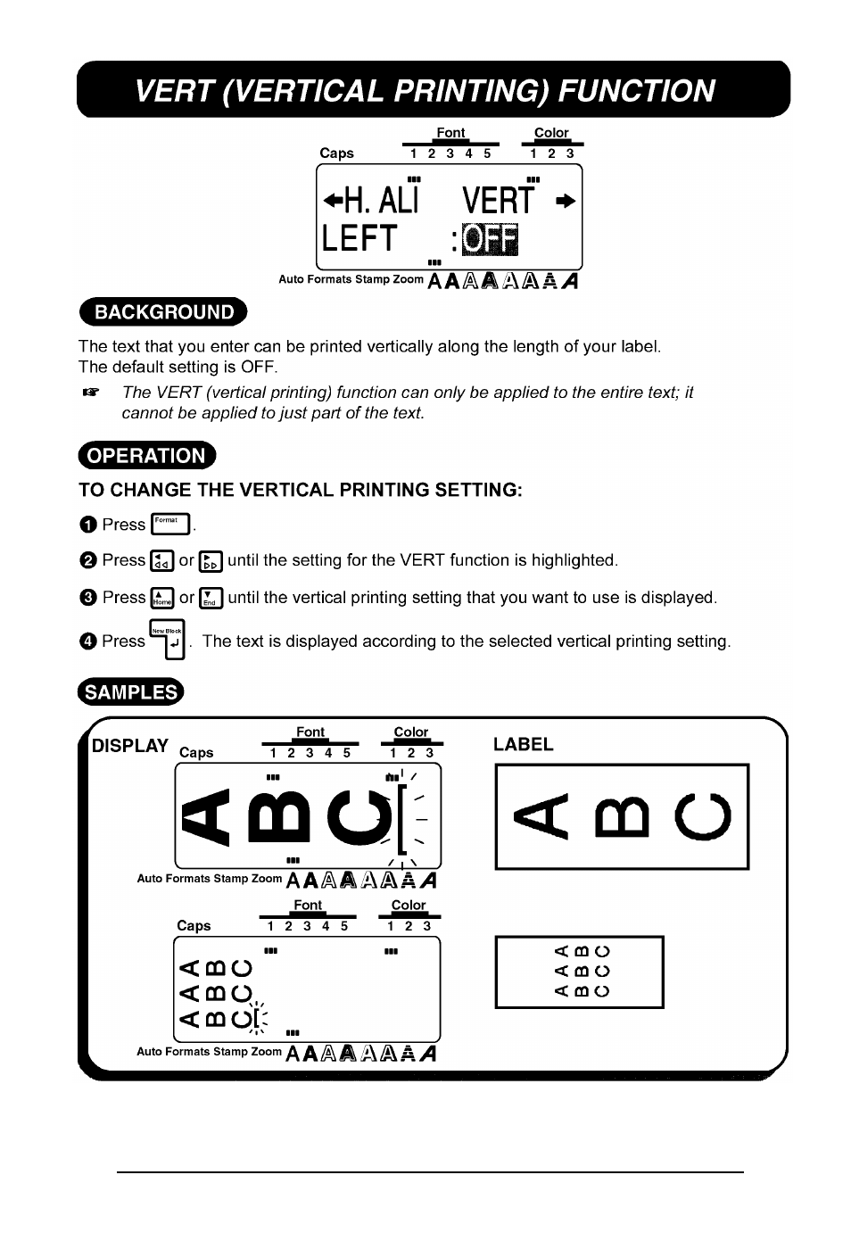 Vertical printing function, Vert (vertical printing) function | Brother P-touch 550 User Manual | Page 123 / 210