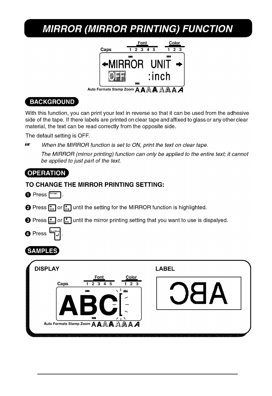 Mirror printing function, Mirror (mirror printing) function | Brother P-touch 550 User Manual | Page 124 / 210