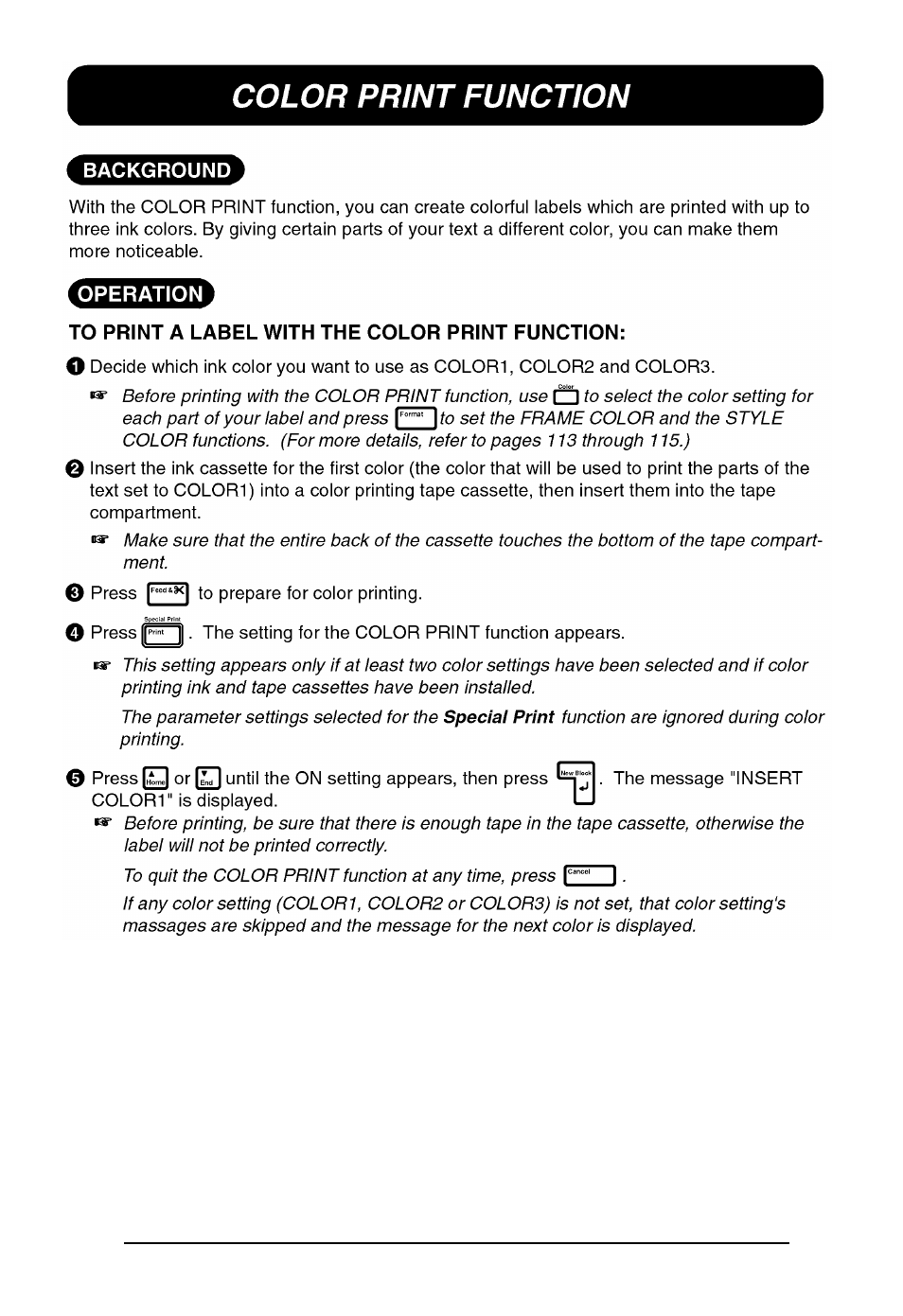 Color print function | Brother P-touch 550 User Manual | Page 127 / 210