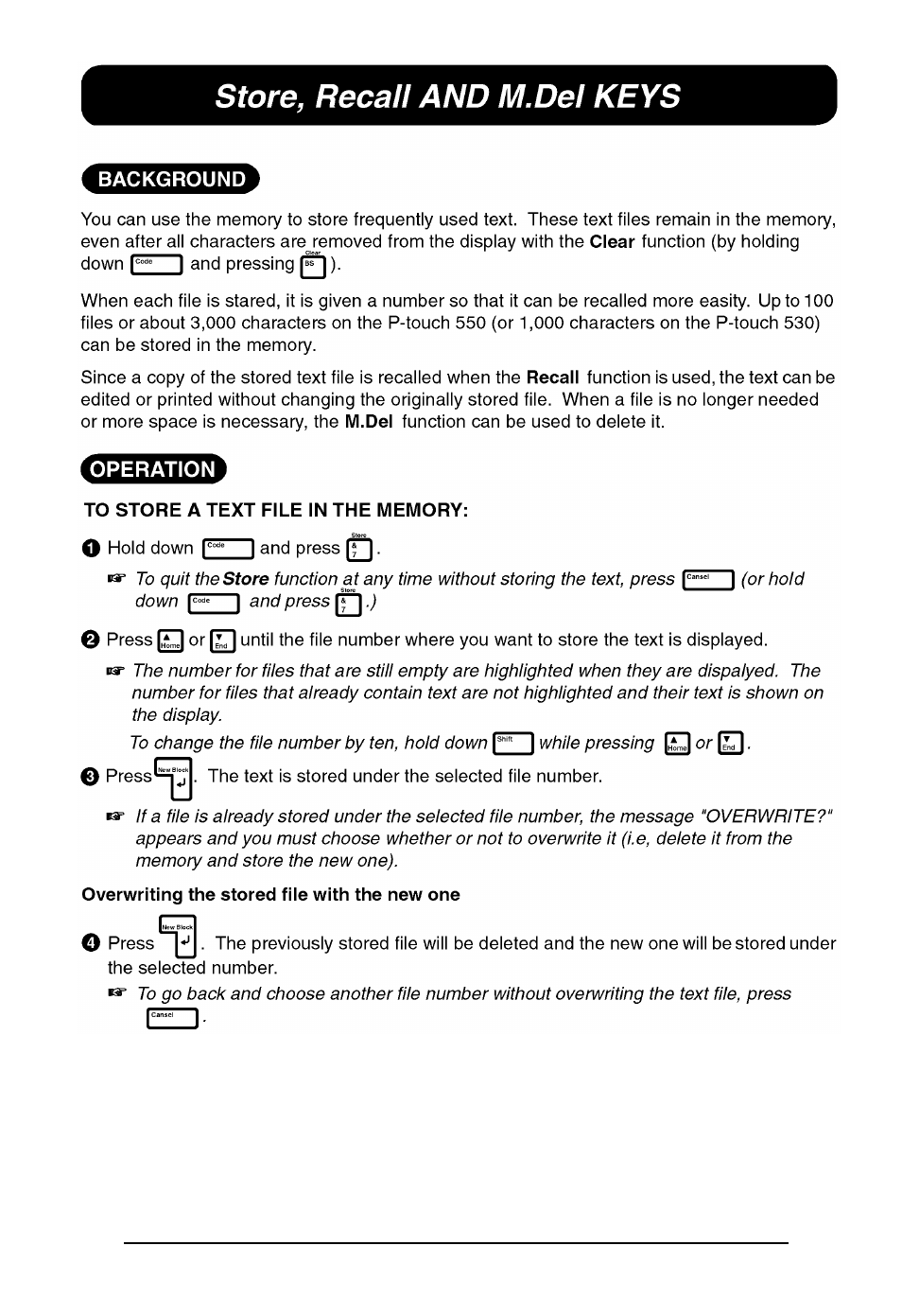 Store, recall and m. del keys, Store, recall and m.del keys | Brother P-touch 550 User Manual | Page 138 / 210