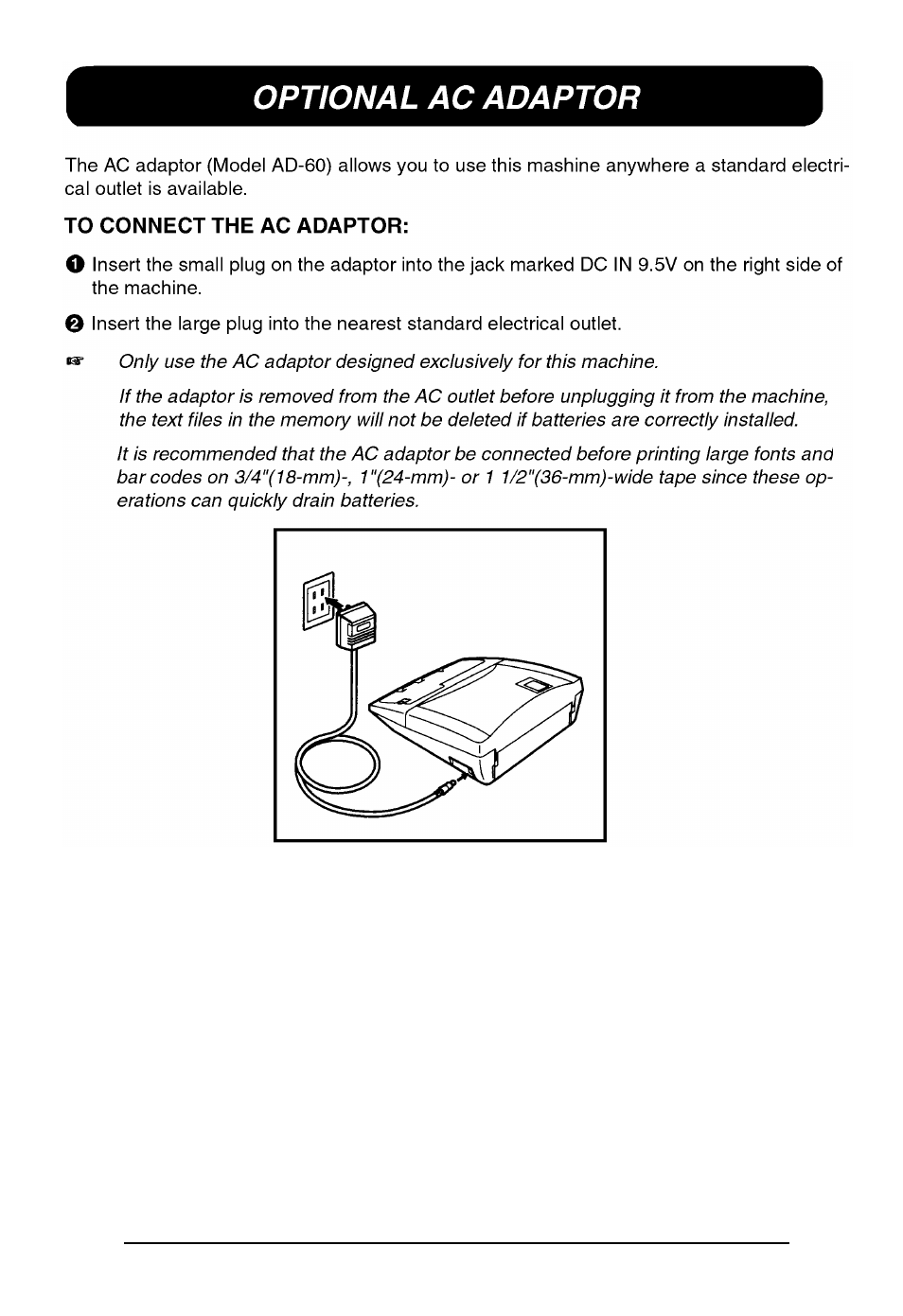 Optional ac adaptor | Brother P-touch 550 User Manual | Page 16 / 210