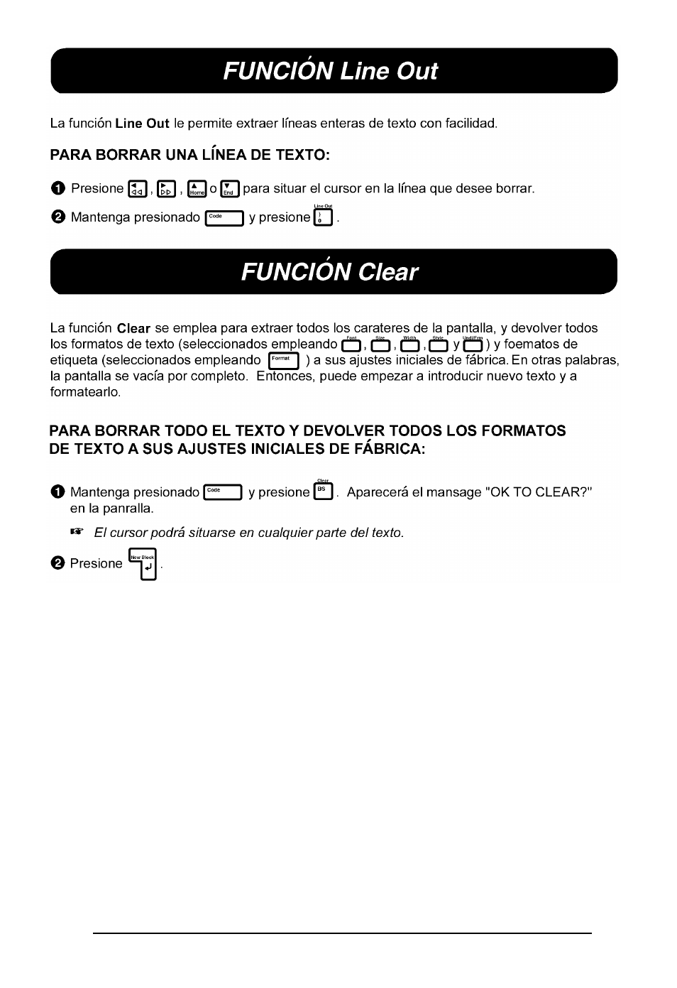 Funcion line out, Funcion clear | Brother P-touch 550 User Manual | Page 175 / 210