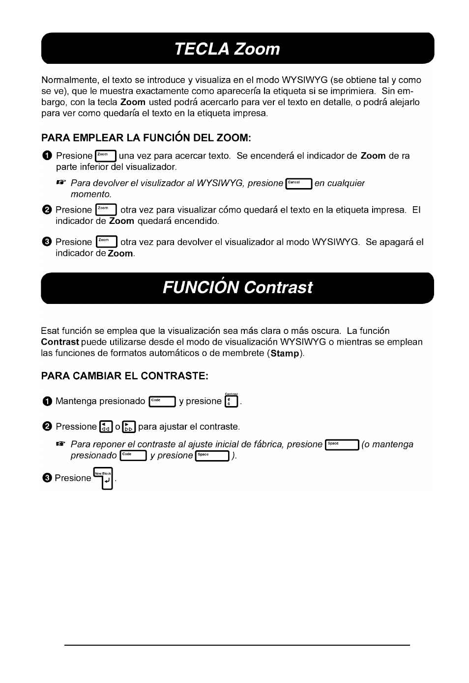 Tecla zoom, Funcion contrast | Brother P-touch 550 User Manual | Page 180 / 210