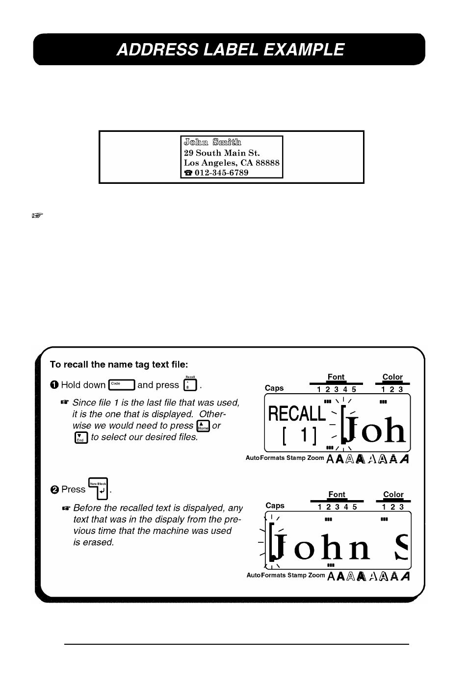 Address label example | Brother P-touch 550 User Manual | Page 40 / 210