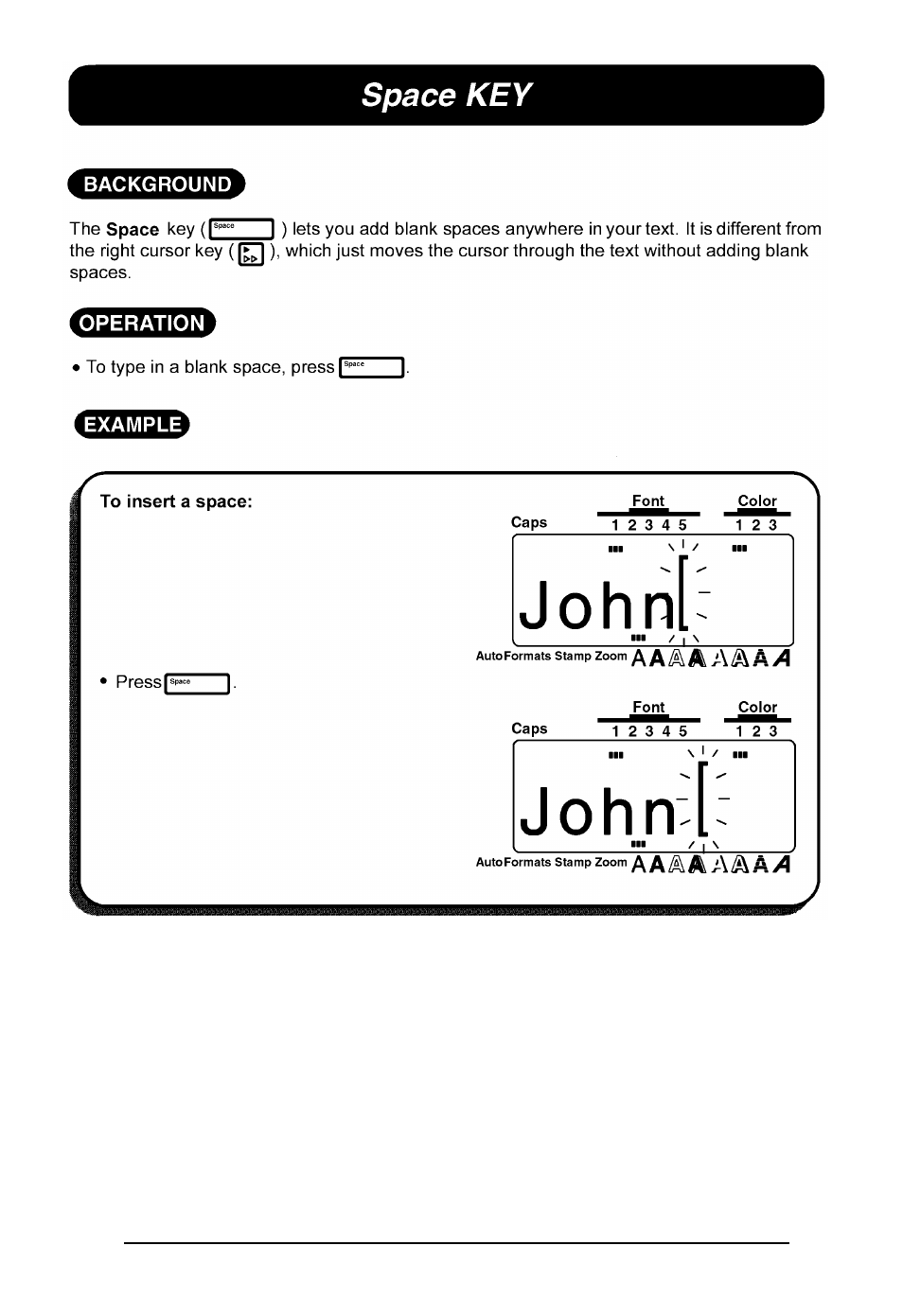 Space key | Brother P-touch 550 User Manual | Page 66 / 210