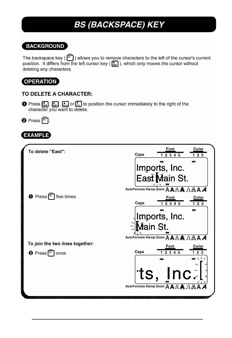 Backspace key | Brother P-touch 550 User Manual | Page 75 / 210