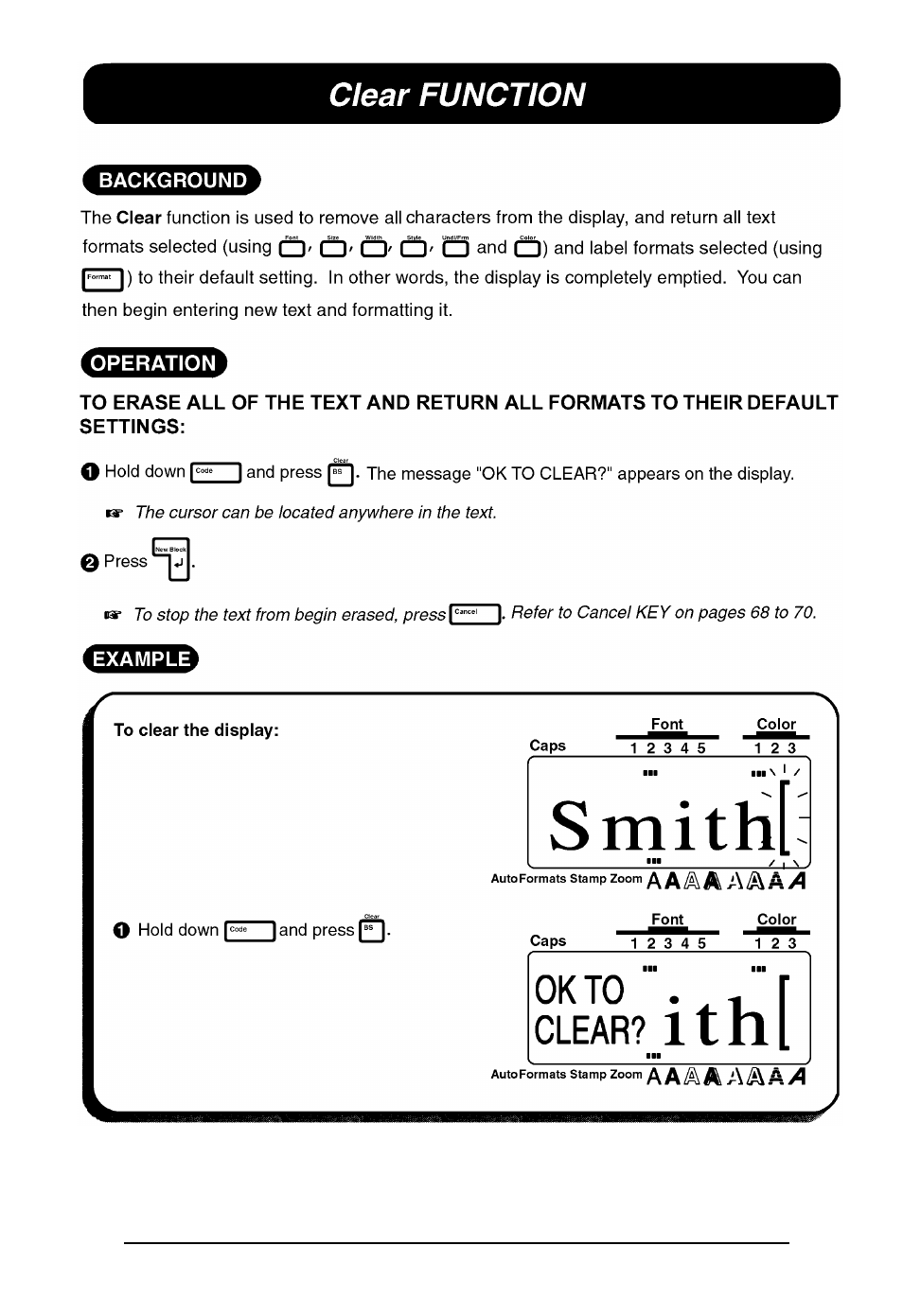 Clear function | Brother P-touch 550 User Manual | Page 77 / 210