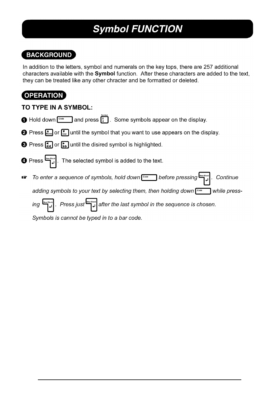 Symbol function | Brother P-touch 550 User Manual | Page 79 / 210