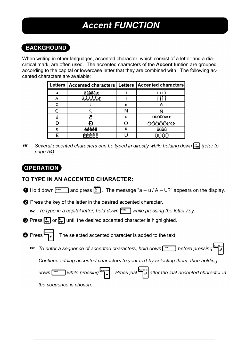 Accent function | Brother P-touch 550 User Manual | Page 82 / 210