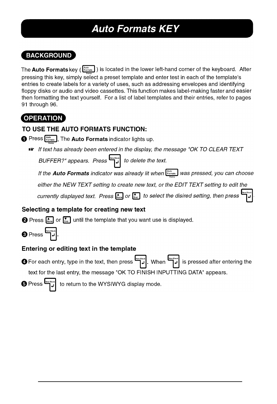 Auto formats key | Brother P-touch 550 User Manual | Page 92 / 210