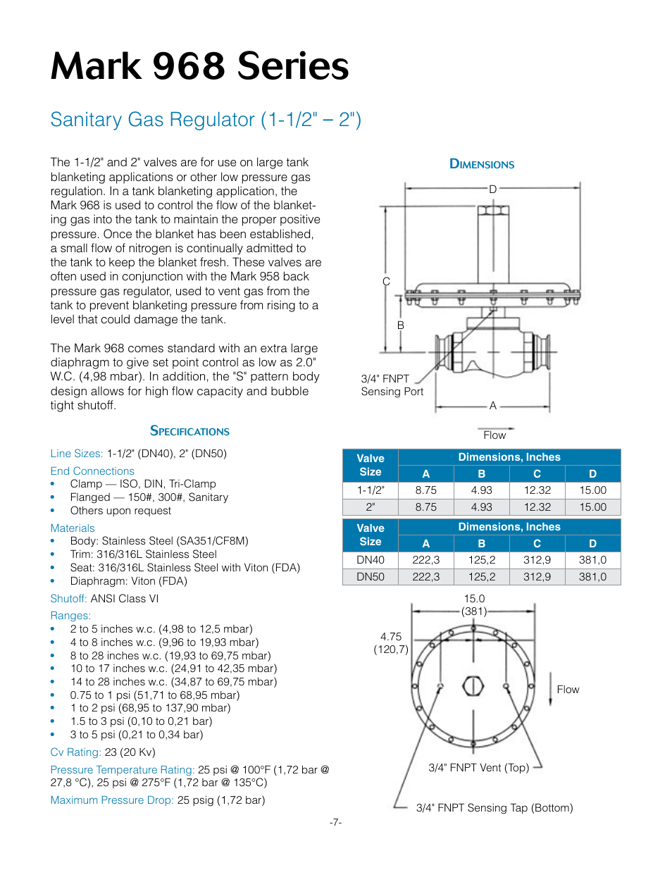 Mark 968 series, Sanitary gas regulator (1-1/2" – 2") | Steriflow Mark 968 Series User Manual | Page 7 / 10