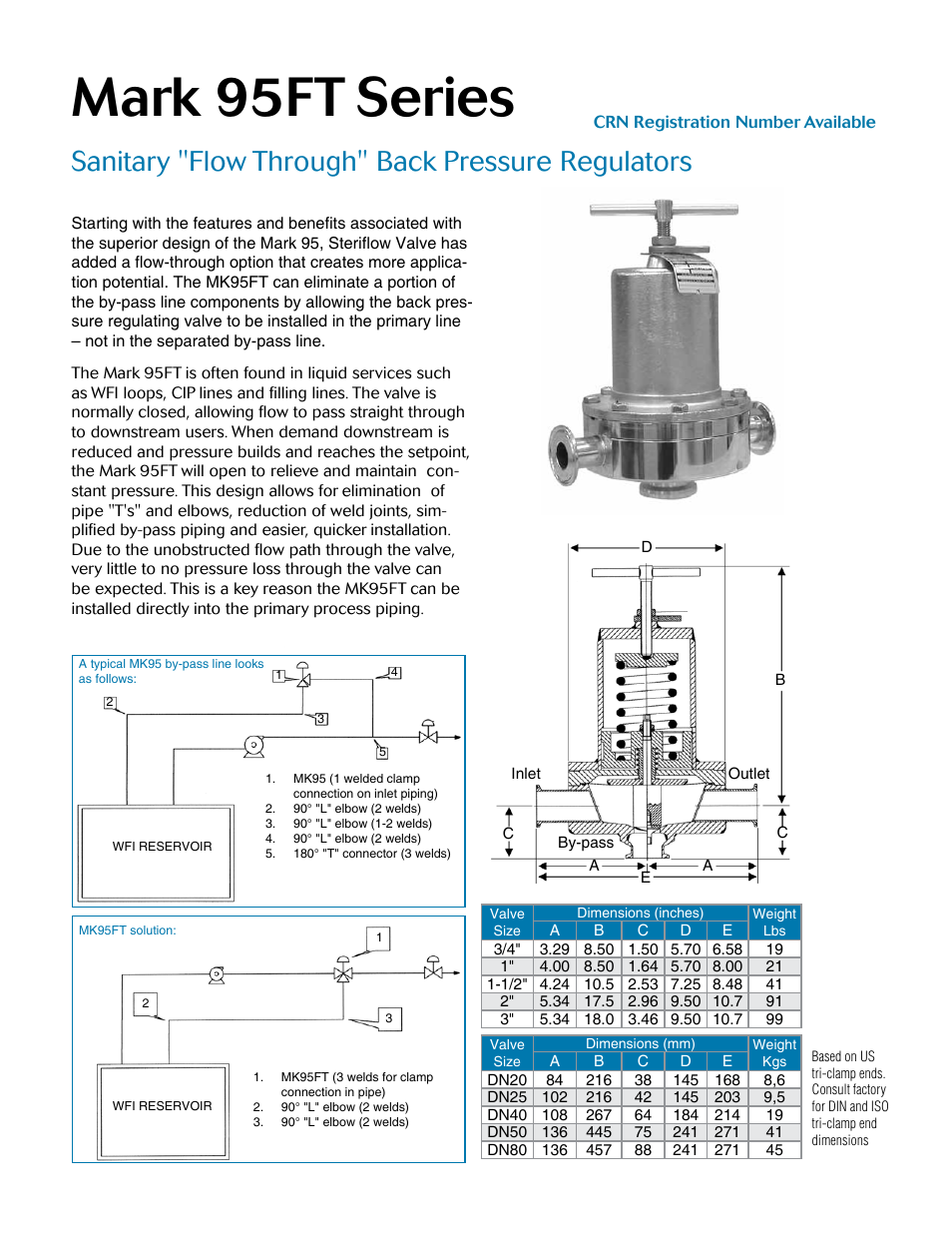 Mark 95ft series, Sanitary "flow through" back pressure regulators | Steriflow MK95FT Series User Manual | Page 5 / 6