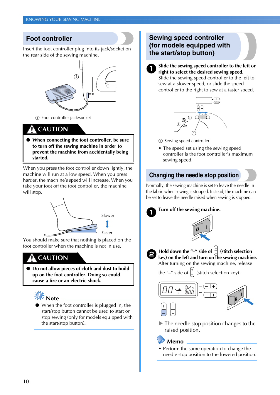 Foot controller, Changing the needle stop position, Caution | Brother CS 100T User Manual | Page 12 / 67