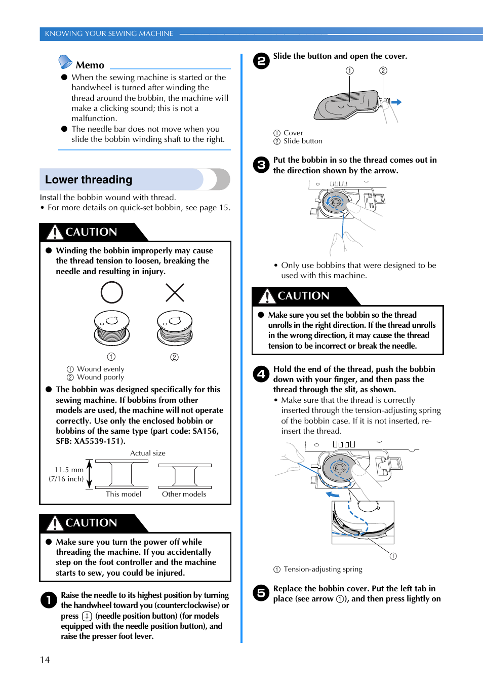 Lower threading, Caution | Brother CS 100T User Manual | Page 16 / 67