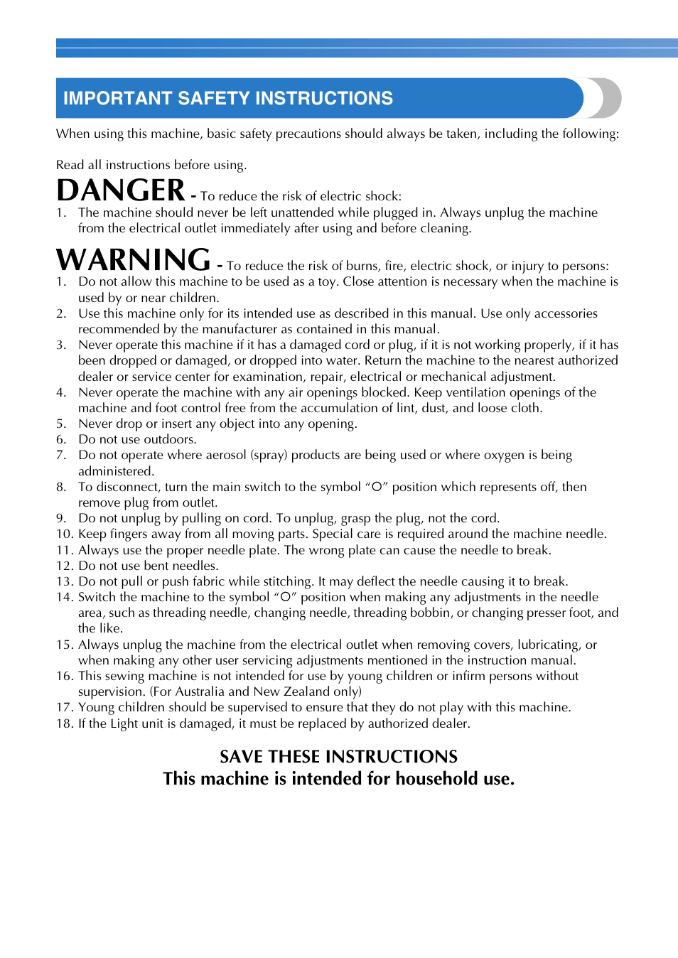 Danger, Warning, Important safety instructions | Brother CS 100T User Manual | Page 2 / 67