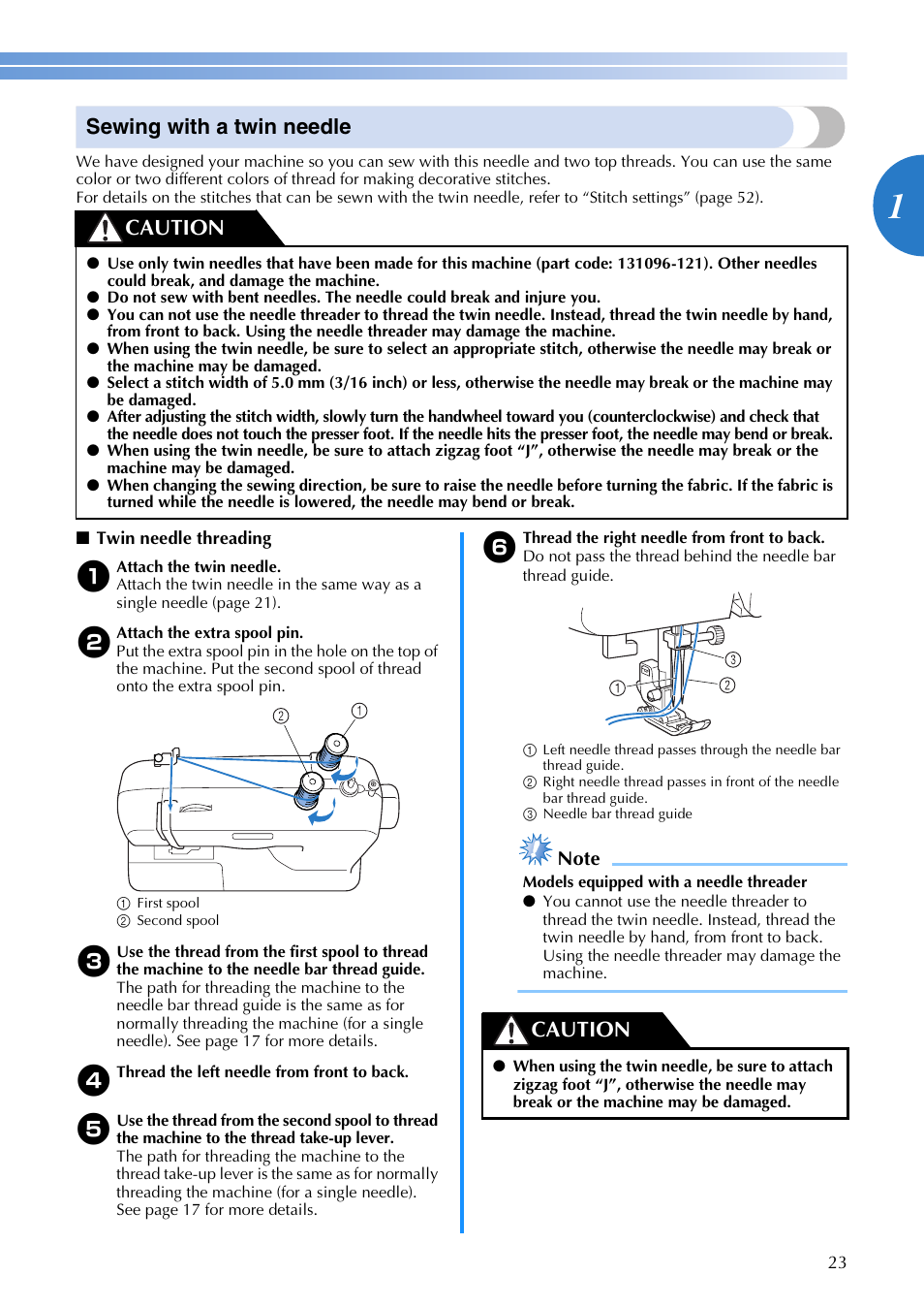 Sewing with a twin needle, Caution | Brother CS 100T User Manual | Page 25 / 67