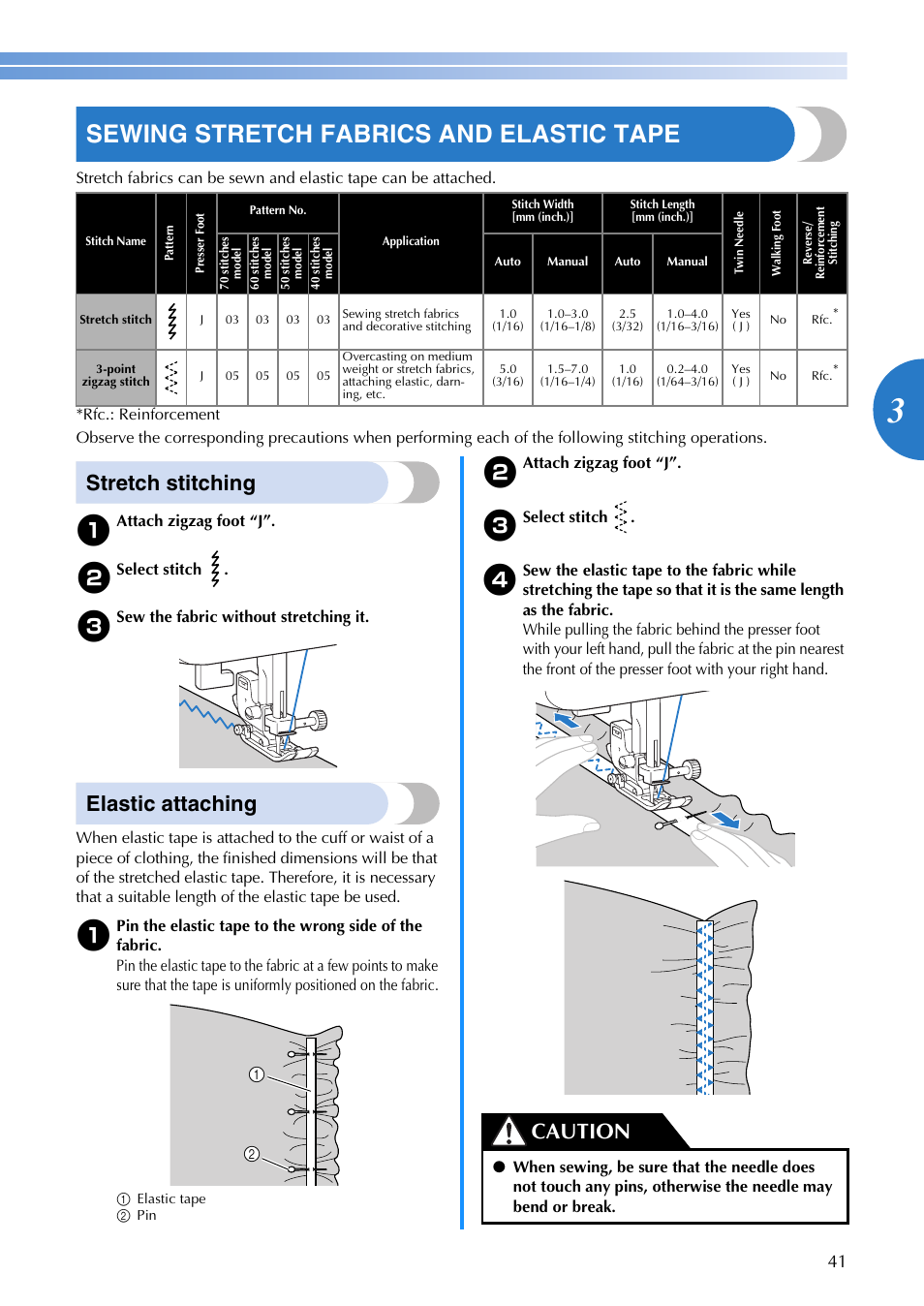 Sewing stretch fabrics and elastic tape, Stretch stitching, Elastic attaching | Caution | Brother CS 100T User Manual | Page 43 / 67