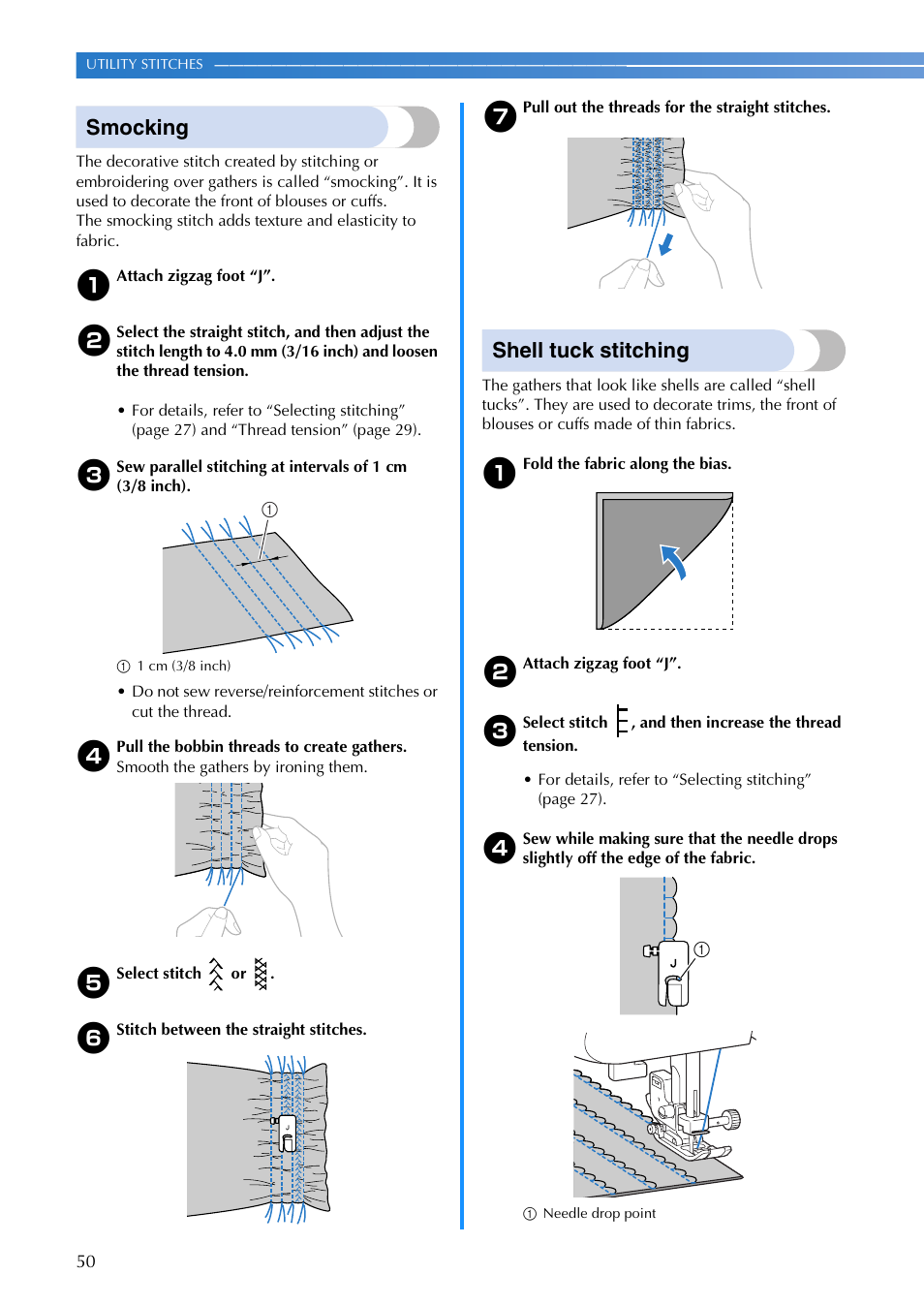 Smocking, Shell tuck stitching | Brother CS 100T User Manual | Page 52 / 67