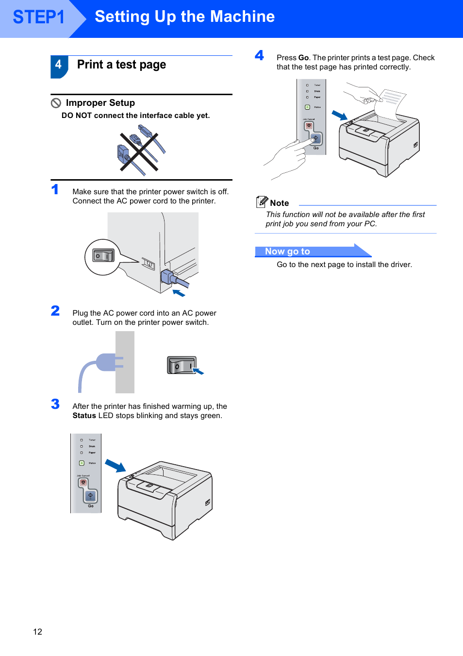 Step1, Setting up the machine, 4print a test page | Brother HL-5240L User Manual | Page 14 / 34