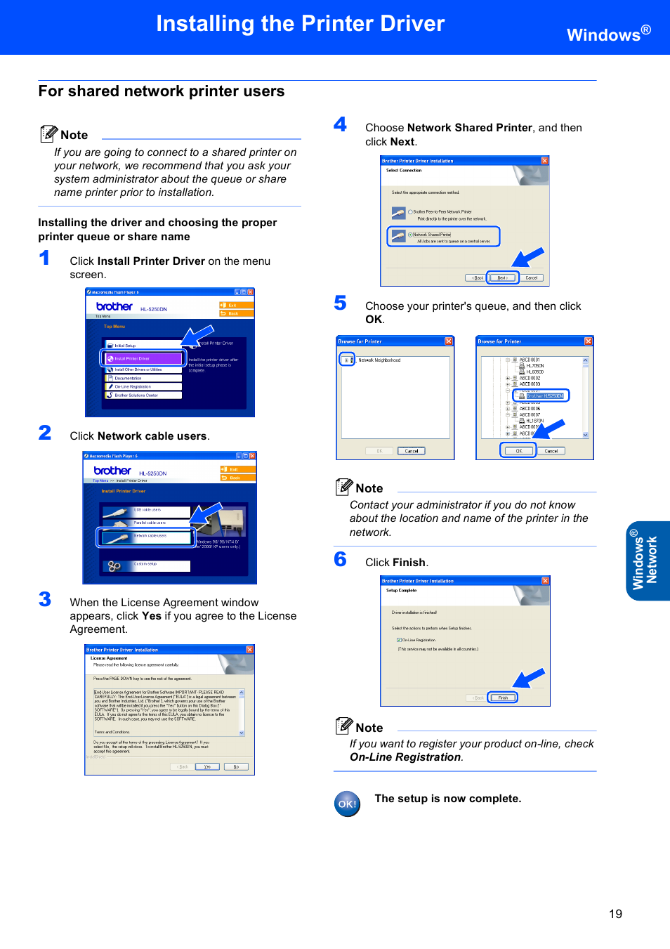 For shared network printer users, Installing the printer driver, Windows | Wind ow s, Ne tw or k | Brother HL-5240L User Manual | Page 21 / 34