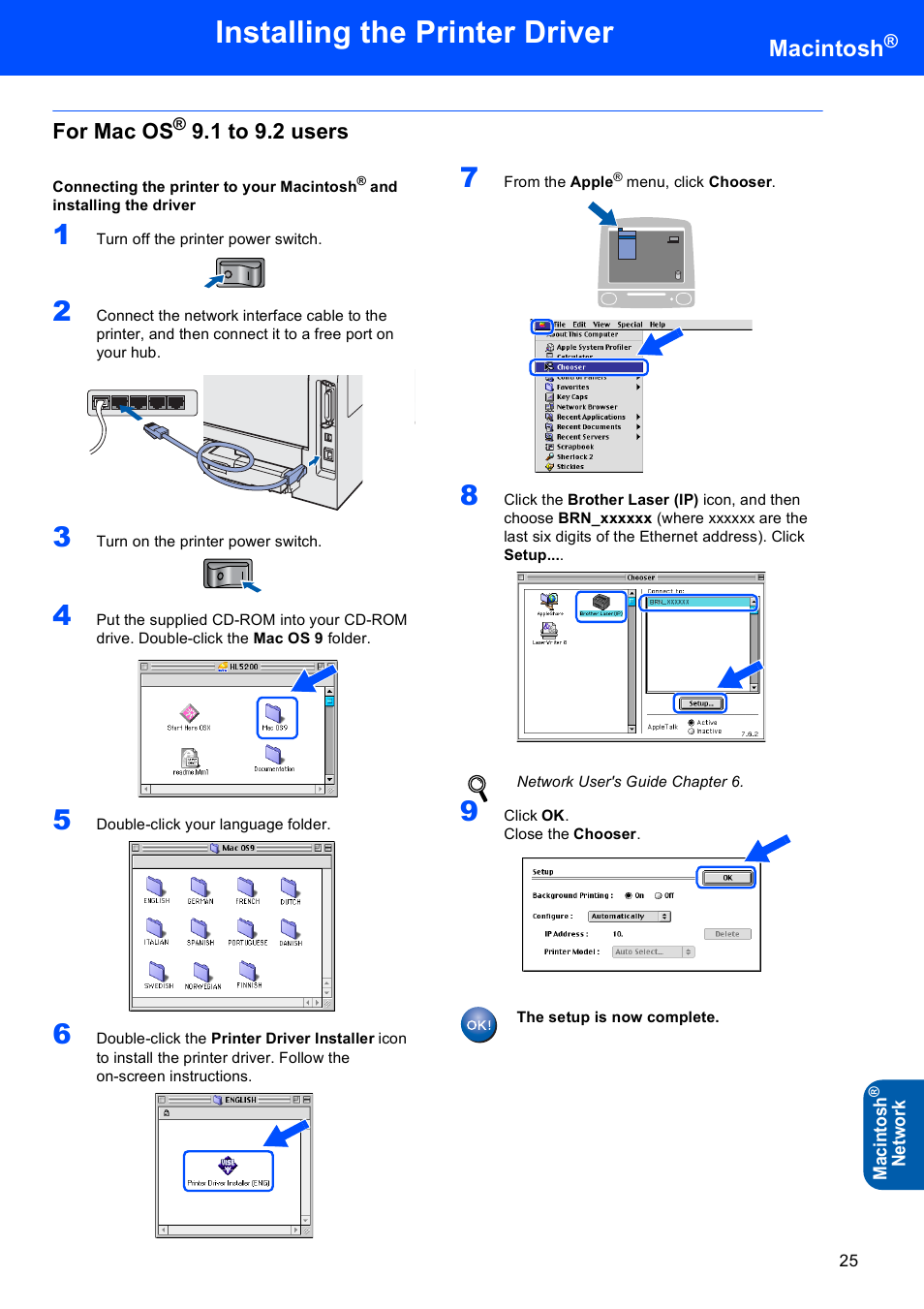 For mac os® 9.1 to 9.2 users, For mac os, Installing the printer driver | Macintosh, 1 to 9.2 users | Brother HL-5240L User Manual | Page 27 / 34