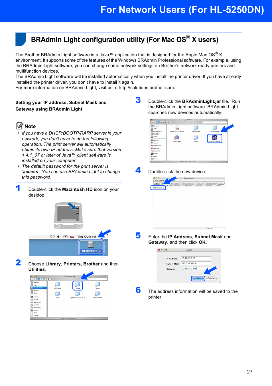 Bradmin light configuration utility (for mac os, For network users (for hl-5250dn), X users) | Brother HL-5240L User Manual | Page 29 / 34